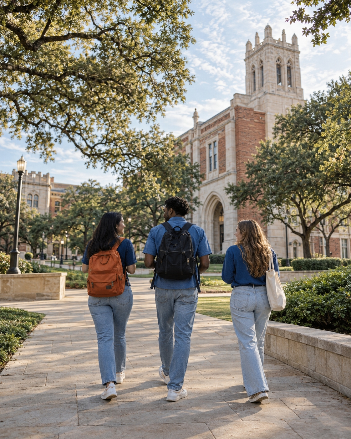 Friends setting out across a college campus