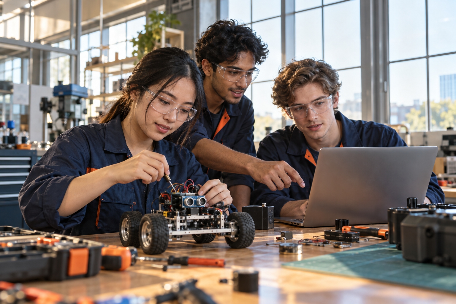 Students working together on a robotics project in a campus workshop