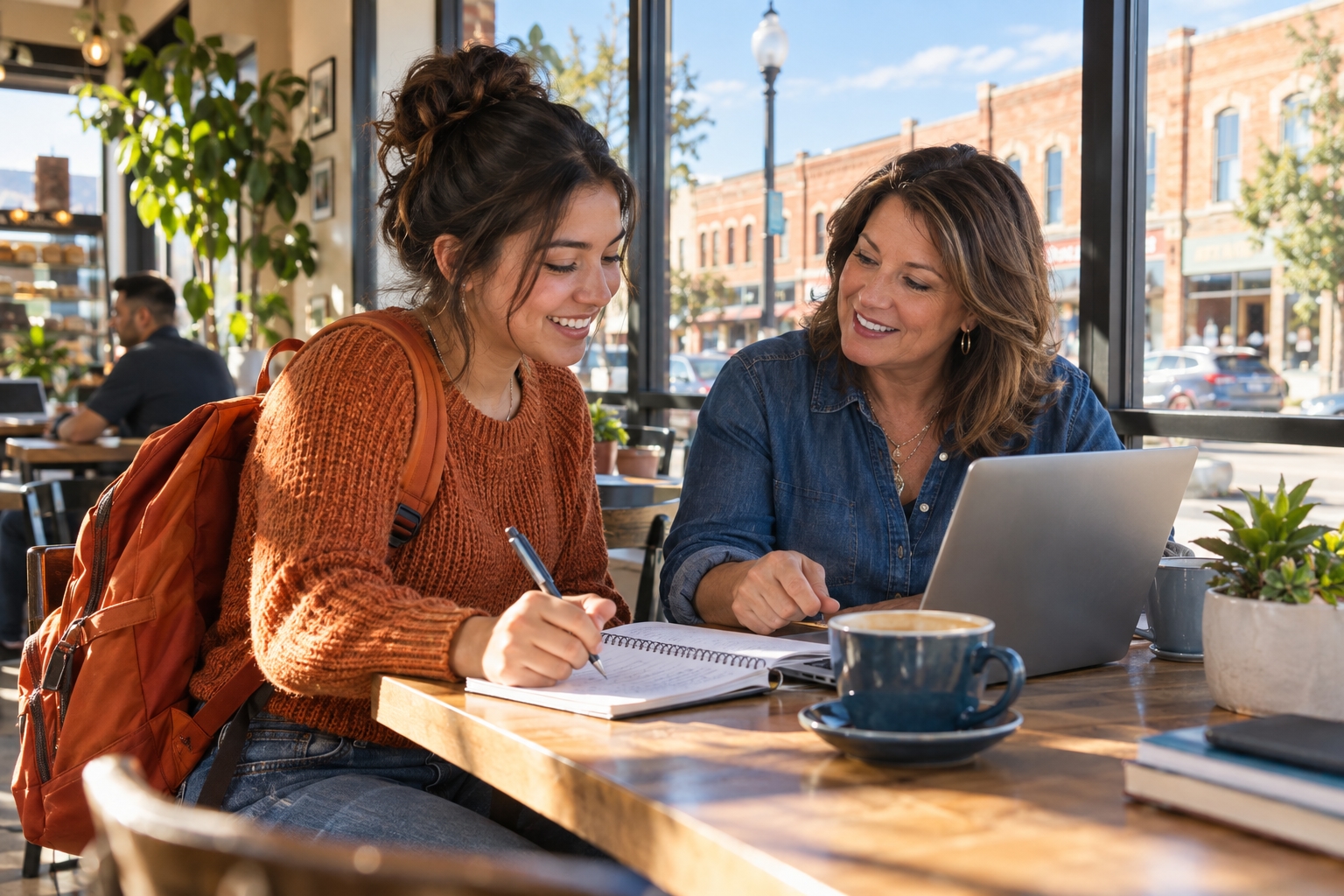 A student and mentor sharing ideas for her next chapter at a local café