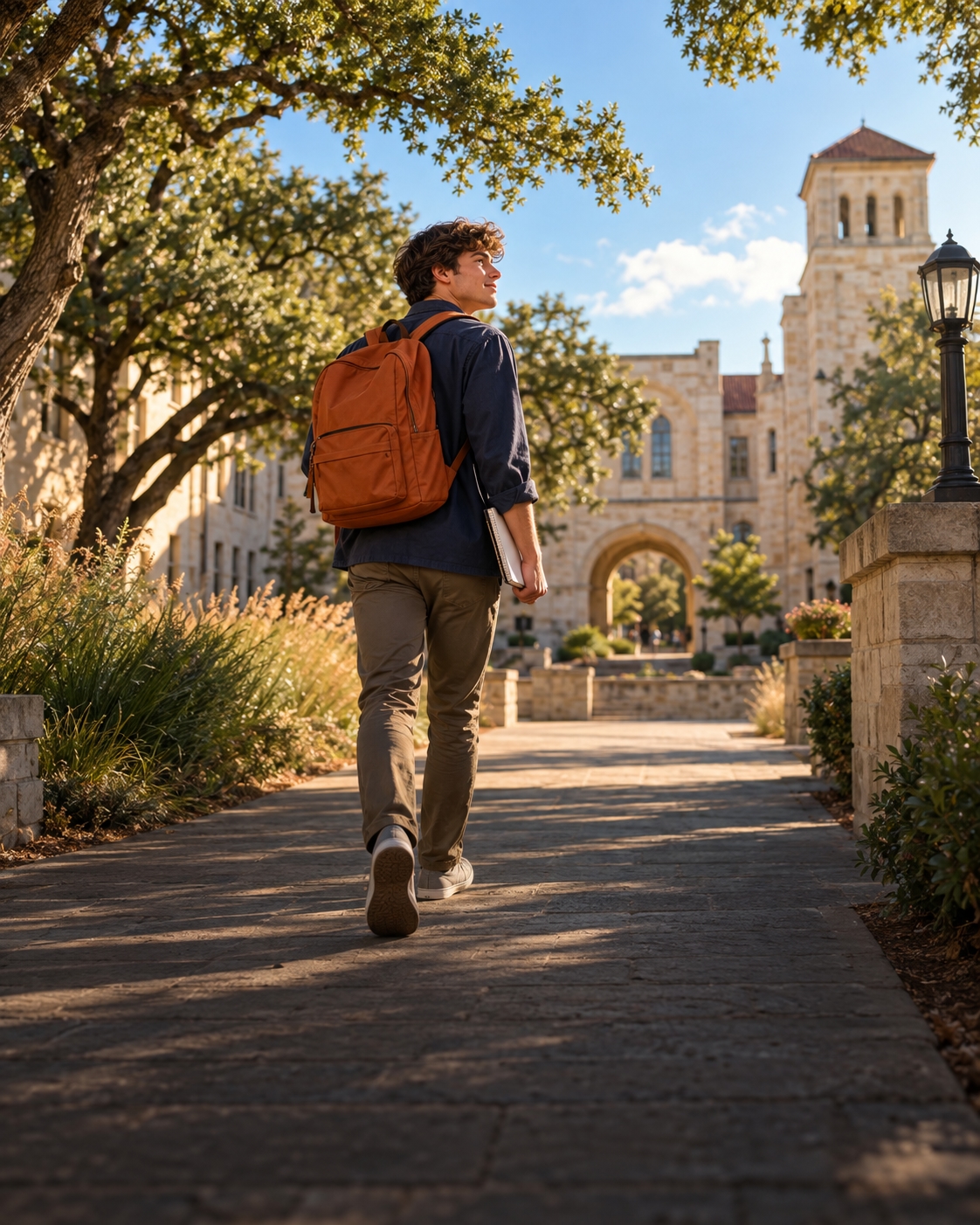 A student with an orange backpack taking his next step toward a college courtyard