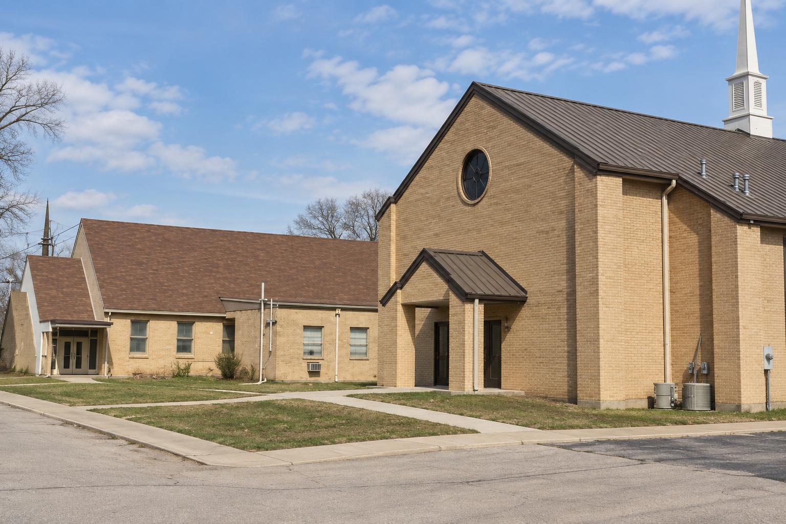 Campus illustration of Mercy Preparatory Academy’s shared Ferris Heights church campus, based on an archival entrance photograph