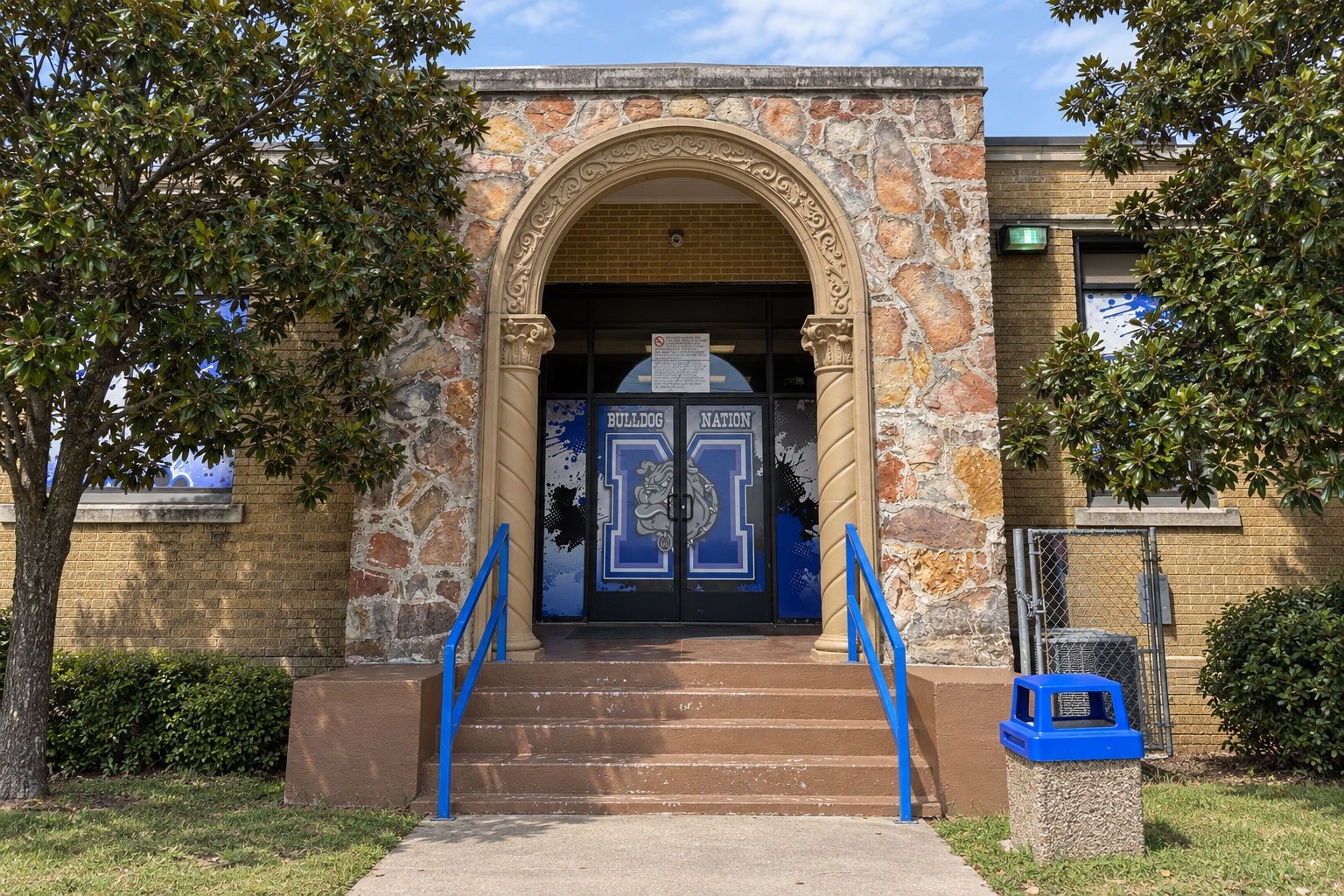 Campus illustration of Milford School’s carved stone arch, blue entrance doors and steps